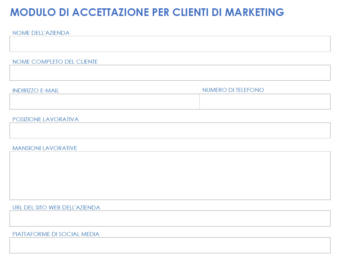 Modulo di assunzione dei clienti di marketing