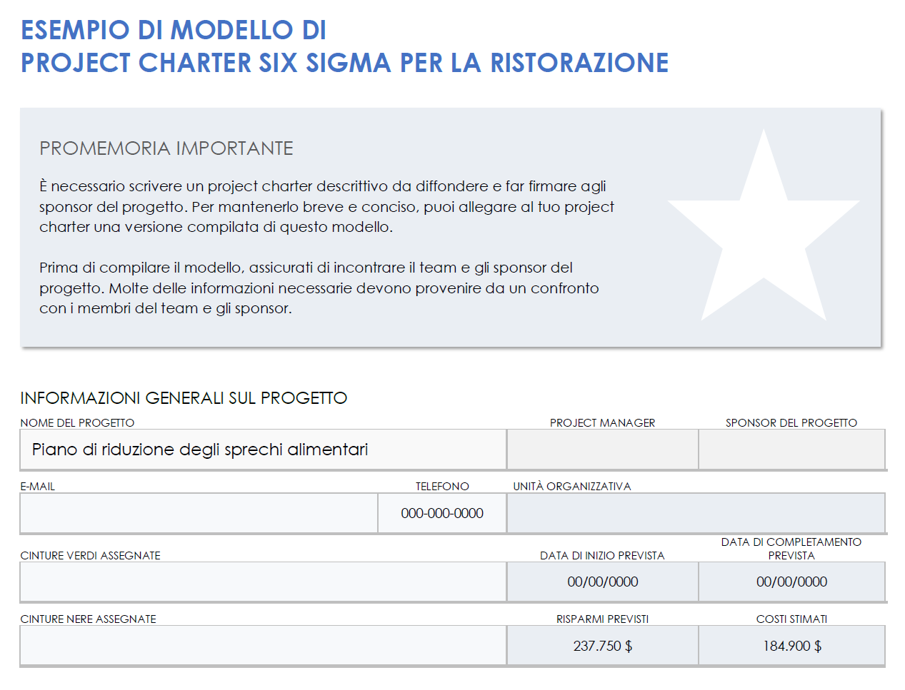 Esempio di charter di progetto Six Sigma per ristoranti