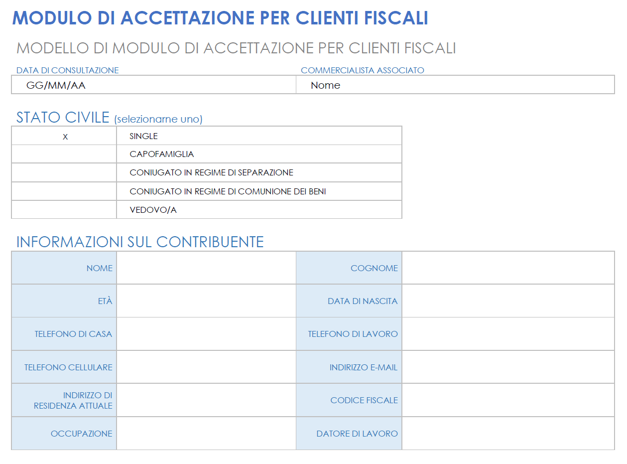 Modulo di assunzione del cliente fiscale