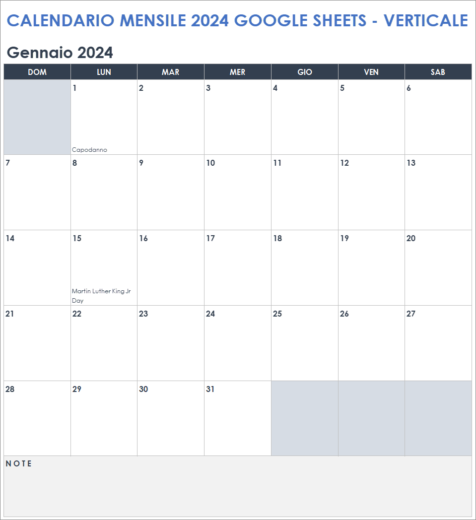  Modello di ritratto di calendario mensile di Fogli Google 2024