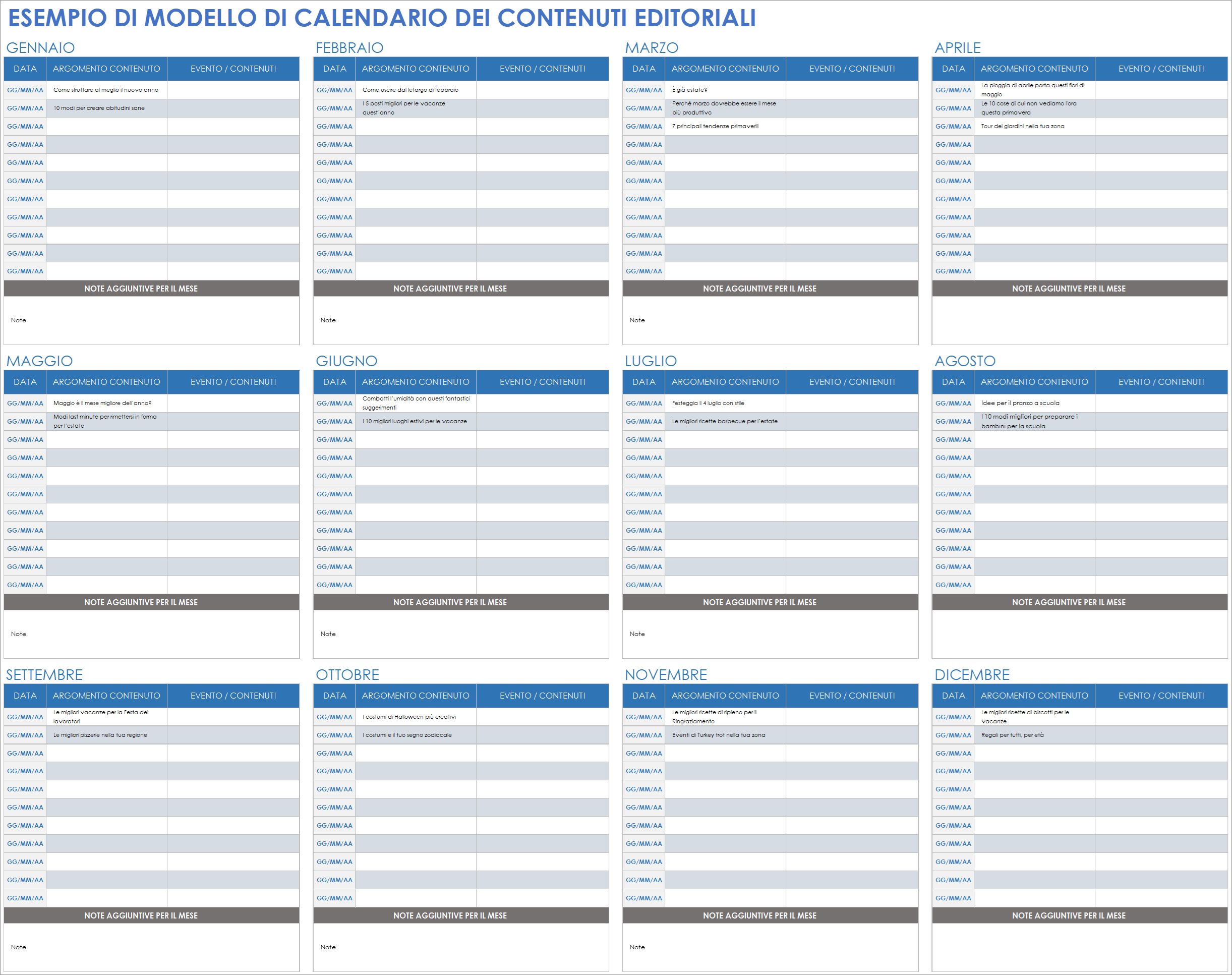  Modello di esempio di calendario con contenuto editoriale