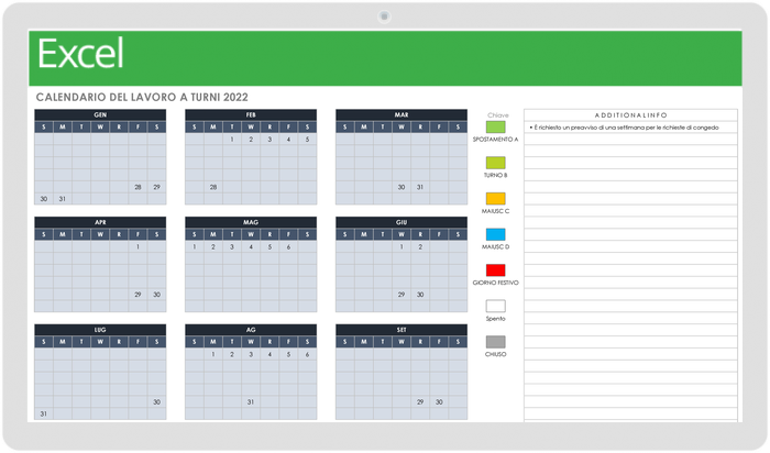 Calendario mensile del lavoro a turni