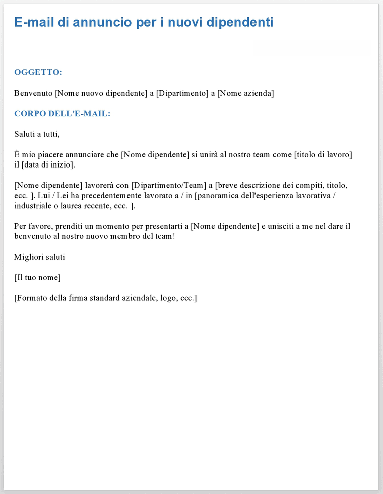  Modello e-mail annuncio nuovo dipendente