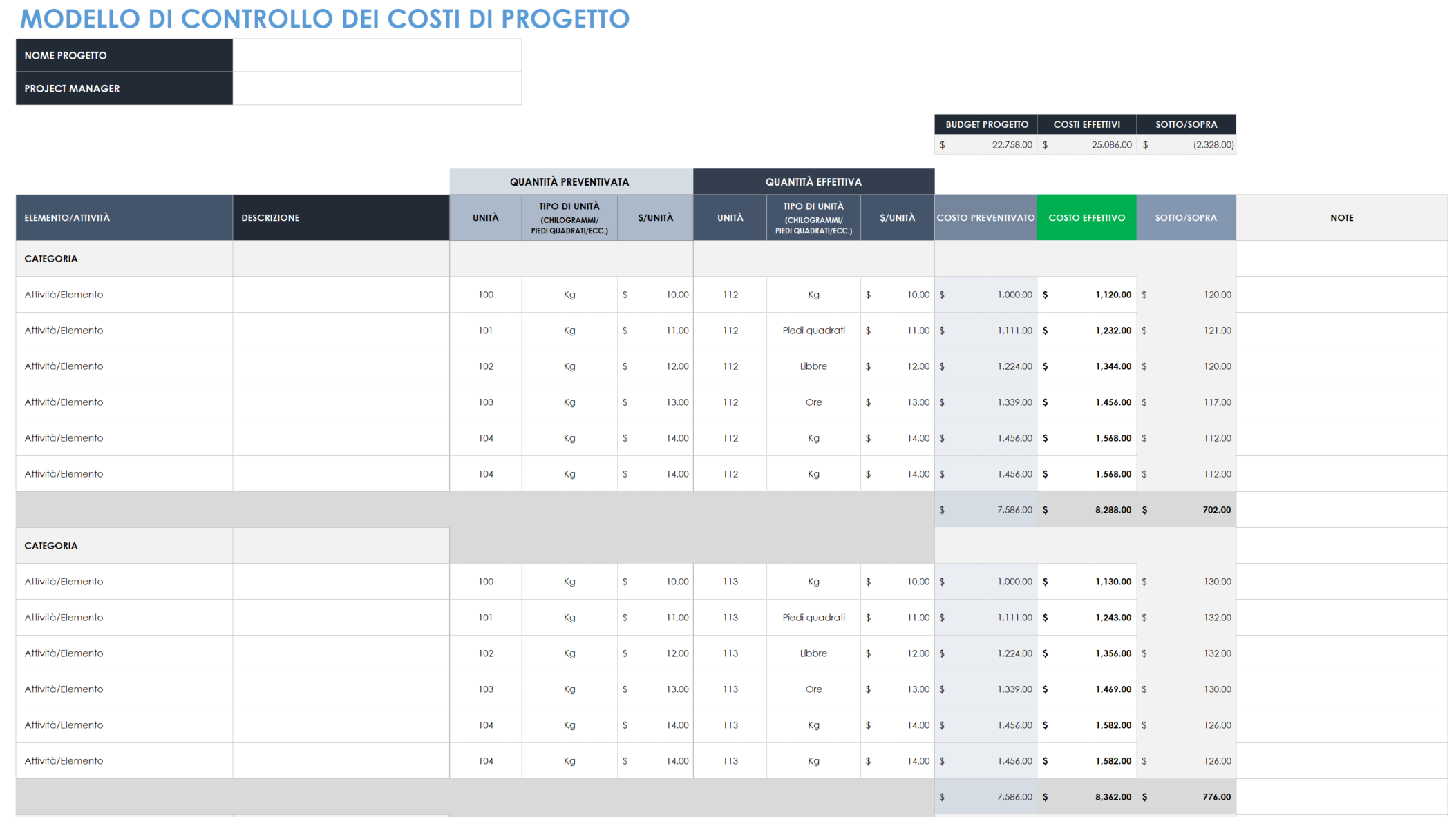 Modello di controllo dei costi di progetto