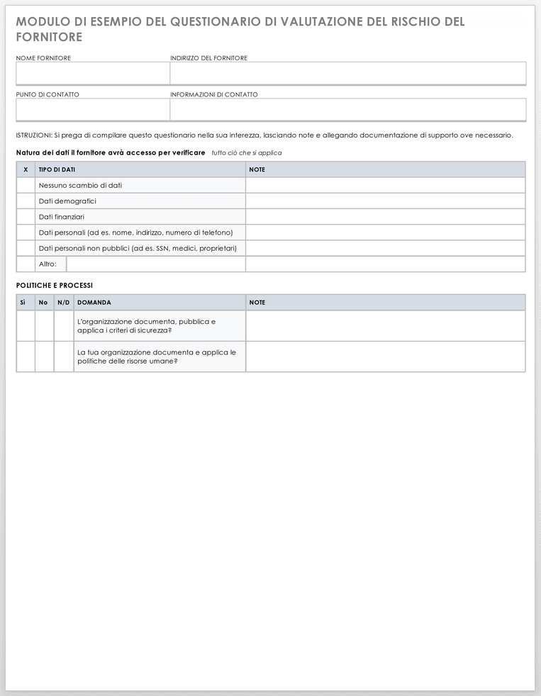 Modello di modulo di esempio per il questionario per la valutazione del rischio del fornitore